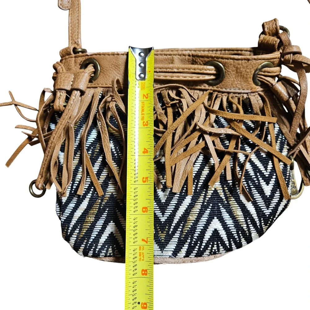 Carlos Santana Fringe Bucket Crossbody‎ Bag Metal Logo Boho Festival Hippie